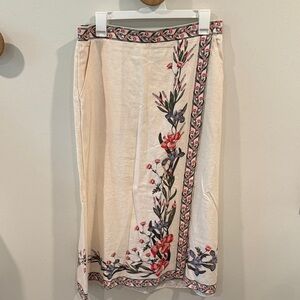 Max Studio Women’s Cream Floral Embroidered Midi Skirt Linen Pockets Size L